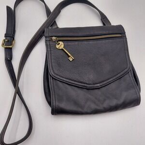 Vtg 90s Fossil Black Crossbody 75082 Genuine Leather Purse Bag Key Luxury